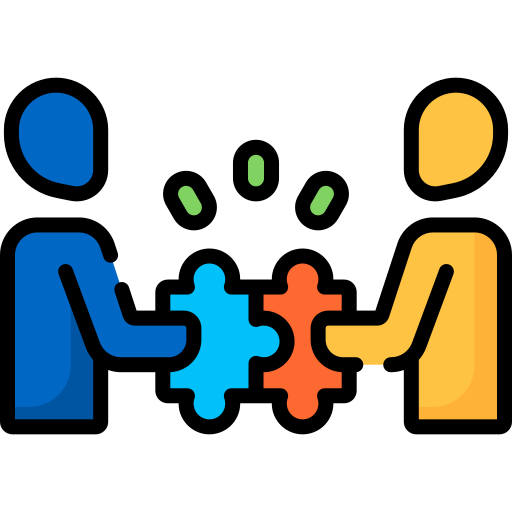 Two human figures (blue and yellow) holding puzzle pieces that fit together, representing collaboration