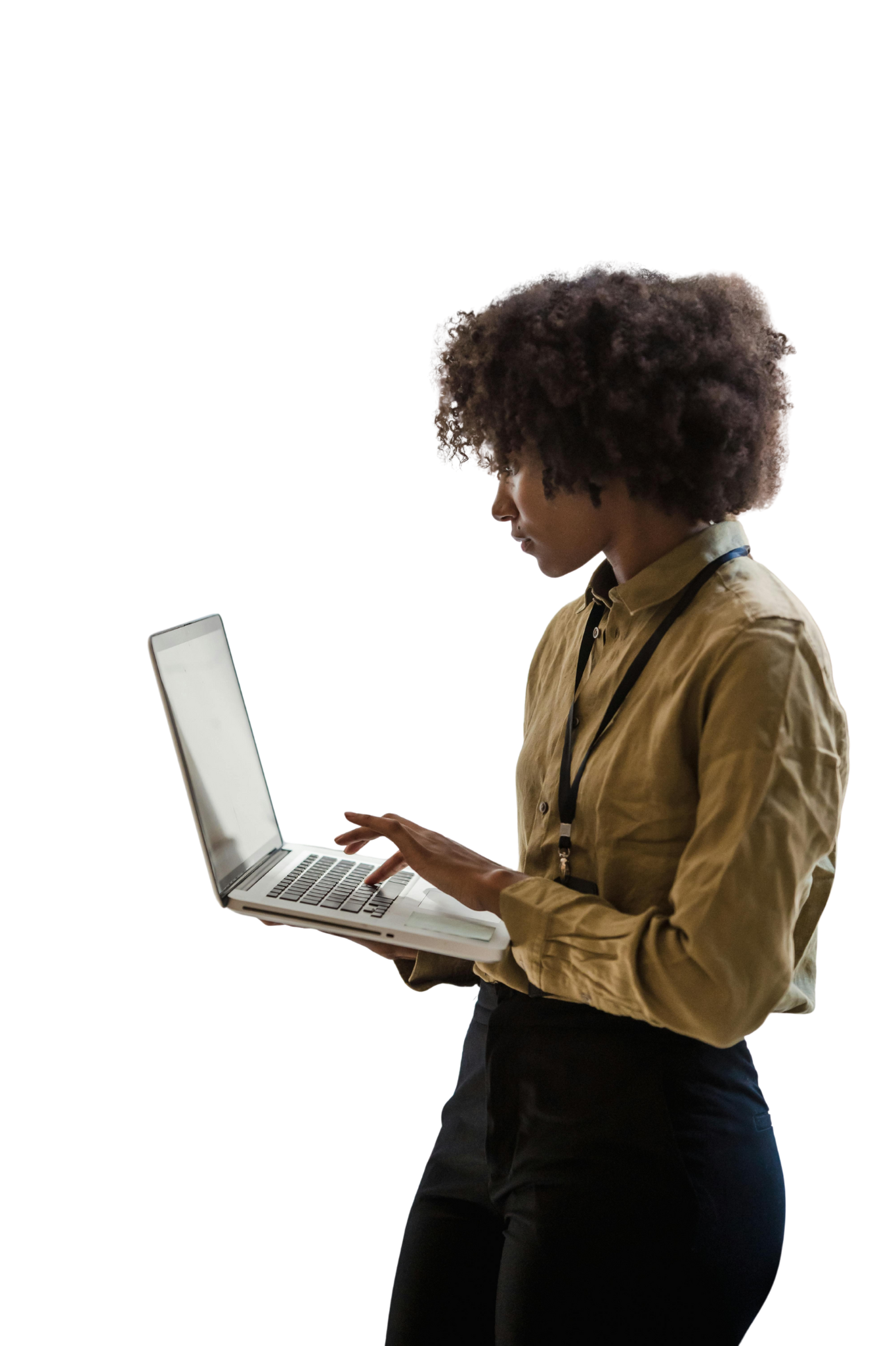Woman Standing and Typing on Laptop Keyboard